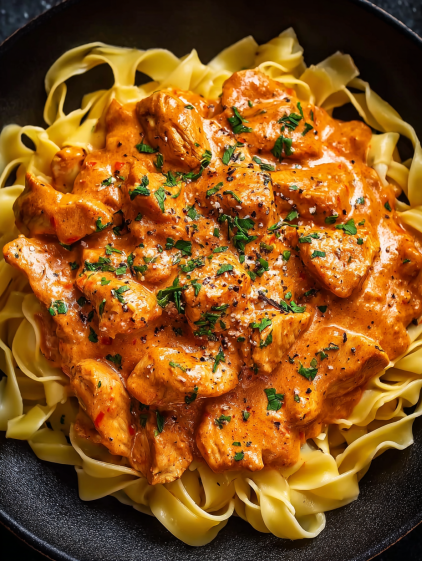 A delicious meal of chicken with pasta and spices.