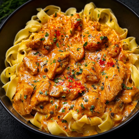 A bowl of food with a red sauce and noodles.