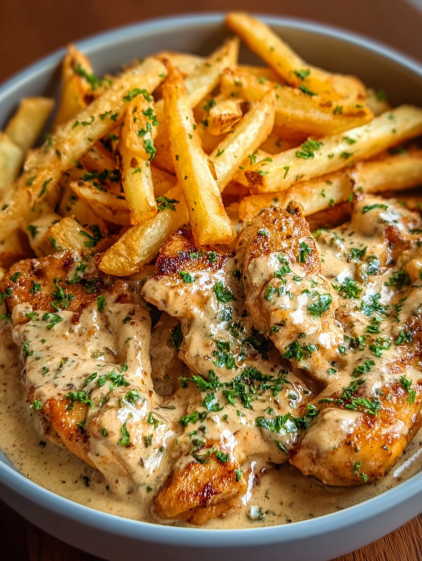 A plate of food with chicken and fries.