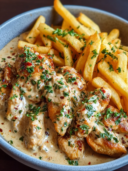 A dish of chicken in a creamy sauce with fries.