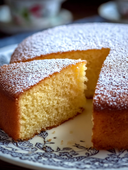 A slice of cake with powdered sugar on a plate.
