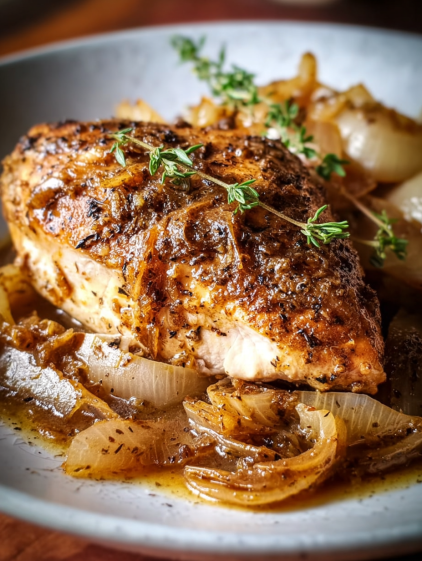 A plate of food with a piece of meat and onions.