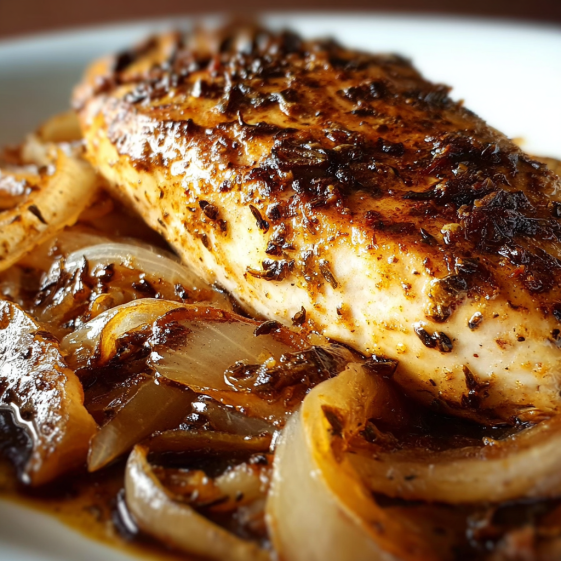 A piece of meat with onions on top.