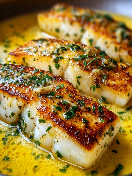 A piece of fish with herbs on it.