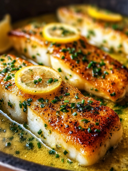 Sliced fish with lemon and herbs.