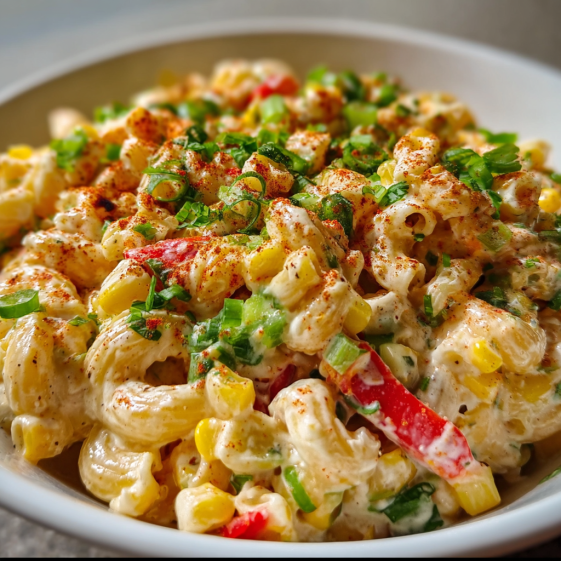 A bowl of pasta salad with corn and red peppers.