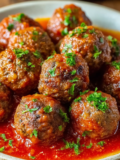 A plate of meatballs covered in ketchup.