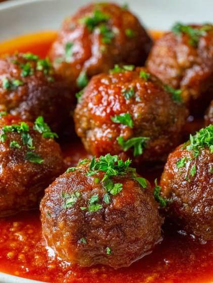 A plate of meatballs in a red sauce.