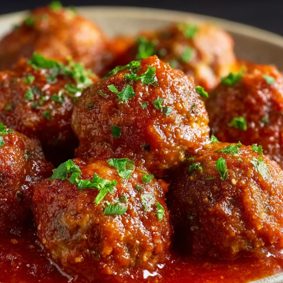 A plate of meatballs covered in ketchup.