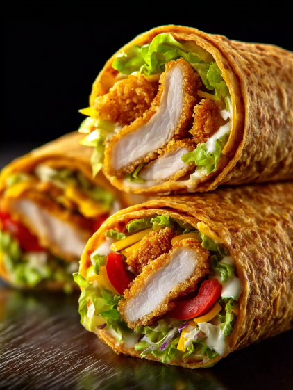 A crispy wrap with chicken, cheese and garlic.