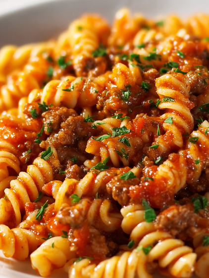 A bowl of pasta with meat sauce and tomato sauce.