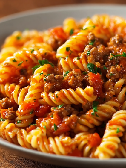 A bowl of pasta with meat sauce.