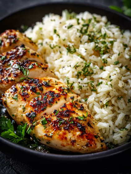 A plate of chicken with rice and herbs.