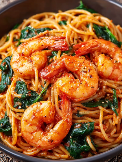 A dish of shrimp and spinach with a spicy sauce.