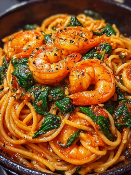 A dish of spaghetti with shrimp and spinach.