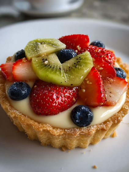 A dessert with strawberries, kiwi, blueberries, and cream.