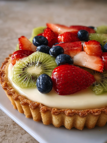 A tart with fruit and cream.