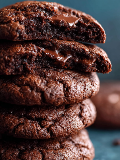 A stack of chocolate cookies with chocolate drizzle.