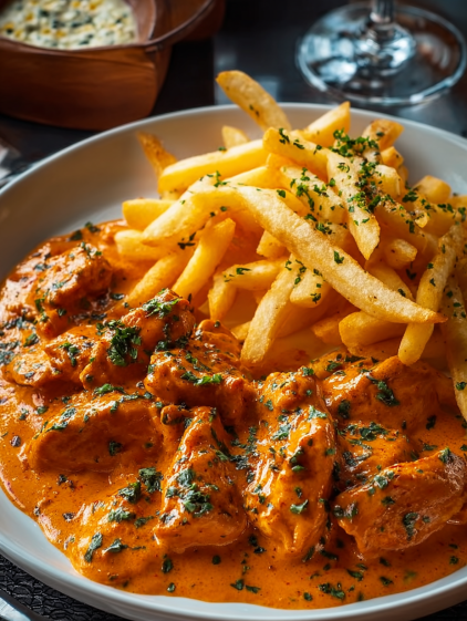 A plate of meat and fries.