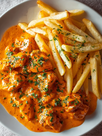 A plate of food with meat and fries.