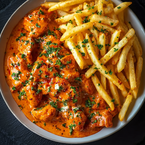 A plate of food with chicken and fries.