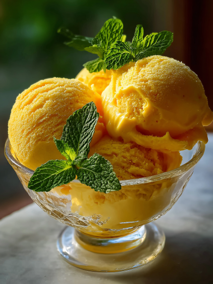 A bowl of mango sorbet with mint leaves.