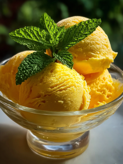 A bowl of mango sorbet with mint leaves on top.