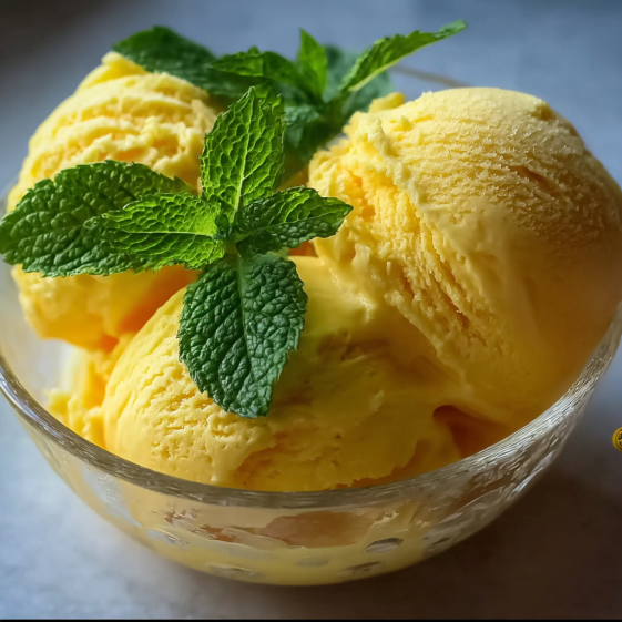 A bowl of yellow sorbet with mint leaves on top.
