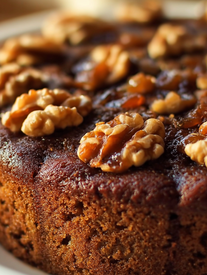 A cake with walnuts and dates on top.