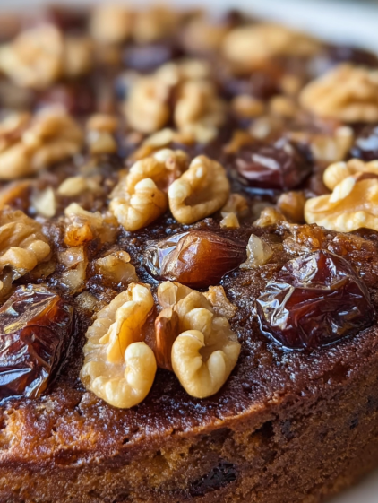 A cake with walnuts and dates on top.