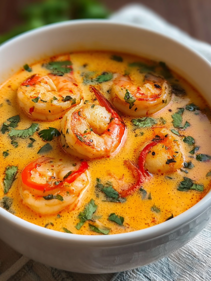 A bowl of shrimp in a spicy coconut milk soup.
