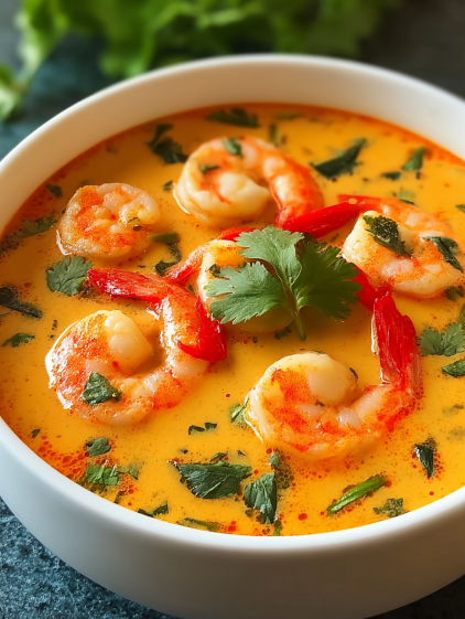 A bowl of shrimp in a spicy coconut milk soup.