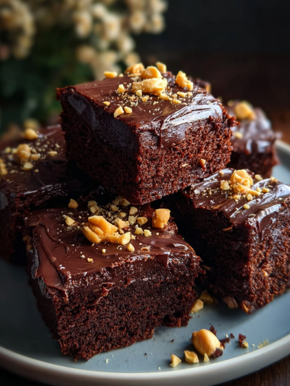 A slice of chocolate cake with nuts on top.