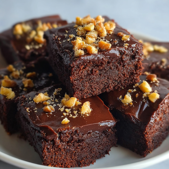 A plate of chocolate cake with nuts on top.