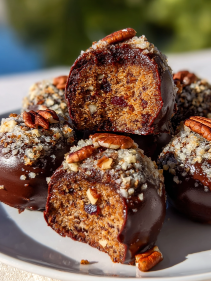 Five pieces of chocolate covered pecan pie brownie bombs.