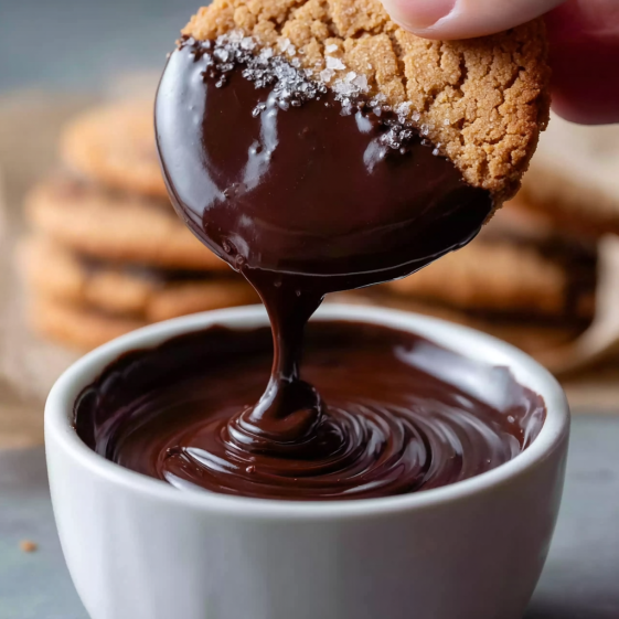 A chocolate sauce dripping over a cookie.