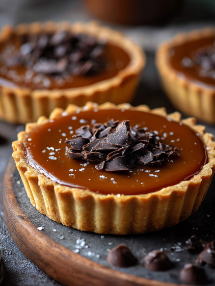 A close up of a salted caramel chocolate tart.