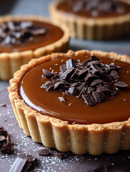 A close up of a salted caramel chocolate tart.
