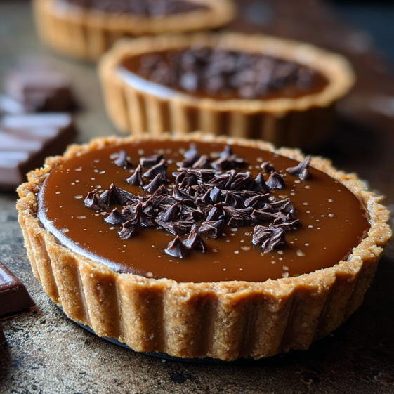 A close up of a salted caramel chocolate tart.