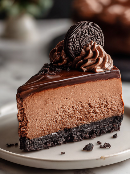 A slice of triple chocolate Oreo cheesecake.