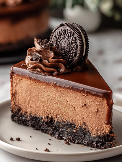 A slice of triple chocolate Oreo cheesecake.