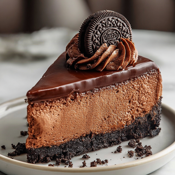 A slice of triple chocolate Oreo cheesecake.