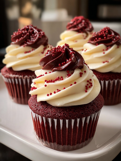Three red velvet cupcakes with white frosting and red sprinkles.