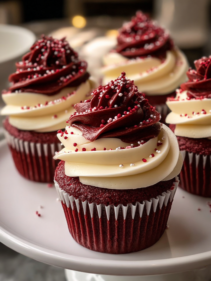 Red velvet cupcakes with white frosting.