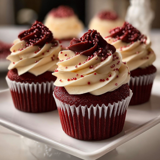 Three red velvet cupcakes with white frosting.