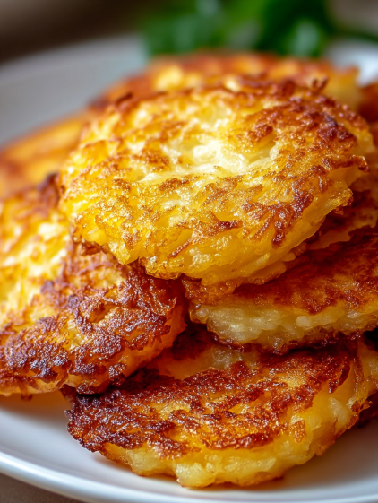 German potato pancakes stacked on a plate.