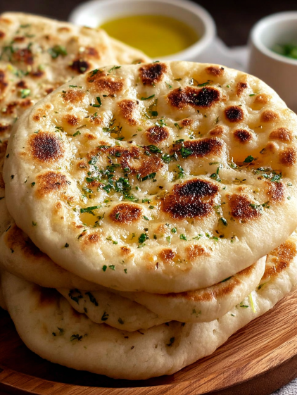 A stack of bread with a green herb on top.