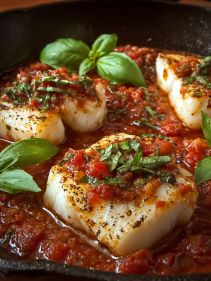 A dish of cooked scallops in a tomato-based sauce.