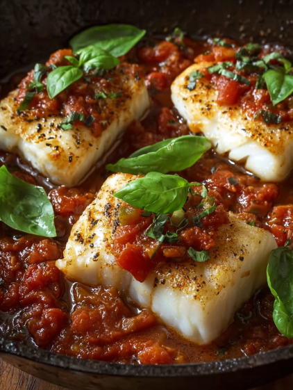A piece of fish with tomato sauce on it.