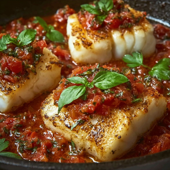 A dish of cooked scallops in a tomato-based sauce.